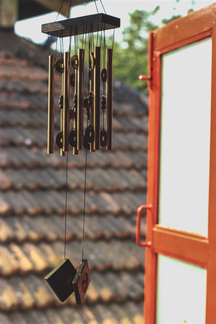 Wind chimes hung on the window frame at the temple.
